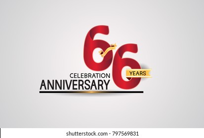 66 years anniversary celebration design with elegance red color and golden ribbon isolated on white background for celebration event