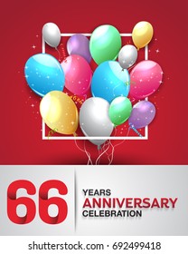 66 years anniversary celebration greeting card. anniversary logo with colorful balloon. Vector design for celebration, party, festival, invitation card, and birthday