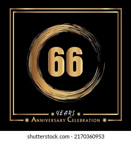 66 years anniversary celebration with grunge circle brush and gold frame isolated on black background. Creative design for happy birthday, wedding, ceremony, event party, and greeting card.