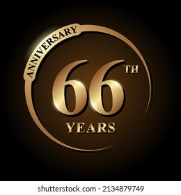 66 years anniversary celebration. Anniversary logo with ring and elegance golden color isolated on black background, vector design for celebration, invitation card, greeting card, and banner