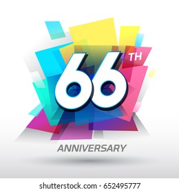 66 years Anniversary with confetti and celebration background, logo design template