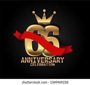 66 years Anniversary golden font with black background and red ribbon, and golden crown. Font with shadow and ribbon on top golden font. crown on the text. simple, luxury, and elegant design
