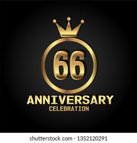 66 years Anniversary with golden font, circle and crown. Simple design with crown on top circle and number in center circle. Elegant, luxury, and simple design. My all design can see in my portofolio