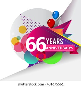 66 Years Anniversary logo with balloon and colorful geometric background, vector design template elements for your birthday celebration.