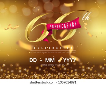 66 years anniversary logo template on gold background. 66th celebrating golden numbers with red ribbon vector and confetti isolated design elements