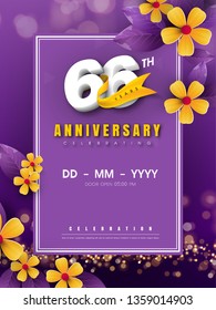 66 years anniversary logo template on golden flower and purple background. 66th celebrating white numbers with gold ribbon vector and bokeh design elements, anniversary invitation template card design