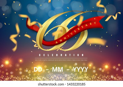66 years anniversary logo template on gold and blue background. 66th celebrating golden numbers with red ribbon vector and confetti isolated design elements