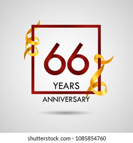 66 years anniversary with red number design inside red square and golden ribbon element, isolated on white background can be used as celebration card