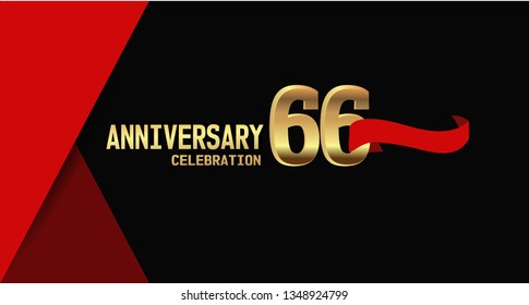 66 years Anniversary simple design with golden font and red ribbon, black and red background. red ribbon on the second font. elegant and simple design