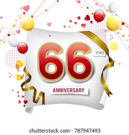 66 years anniversary vector illustration, banner, flyer, logo, icon, symbol. Graphic design element with flag, balloon, ribbon, confetty. Birthday greeting, event celebration
