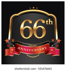 66 years golden anniversary logo celebration with ring and ribbon.