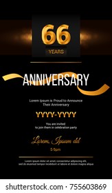 66 Years Golden Anniversary Logo Celebration and Invitation Card with gold ribbon Isolated on Dark  Background