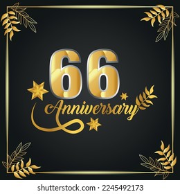 66 Jahre altes luxuriöses Logo. Jubiläum der Vektorgoldfarben Vorlage eingerahmt von Palmen.
