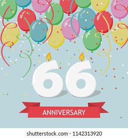 66 years selebration. Happy Birthday greeting card with candles, confetti and balloons.