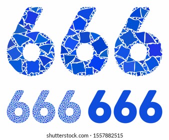 666 digits text composition of irregular pieces in variable sizes and color tinges, based on 666 digits text icon. Vector uneven pieces are organized into composition.