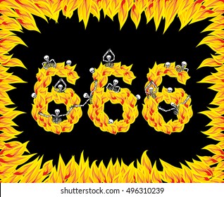 666 number of devil. Fire numeric. Skeletons in inferno. Sinners in hell. Satanic symbol. hellish thick
