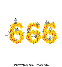 666 number of devil. Fire numeric. Skeletons in inferno. Sinners in hell. Satanic symbol. hellish thick
