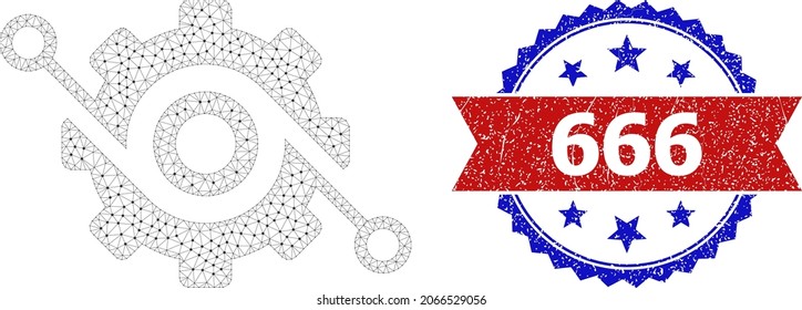 666 rubber stamp seal, and smart gear icon mesh structure. Red and blue bicolored stamp seal includes 666 title inside ribbon and rosette. Abstract flat mesh smart gear, created from flat mesh.