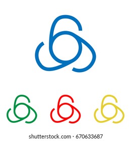666 sign. Vector. Big blue flat icon with red, green and yellow small icons at white background. Isolated.