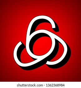 666 sign. Vector. Perspective view of white icon with black outline at reddish background.