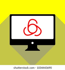 666 sign. Vector. Red icon on white monitor of black all-in-one desktop computer with two shadows at yellow background.