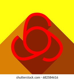 666 sign. Vector. Red icon with two flat reddish shadows on yellow background.