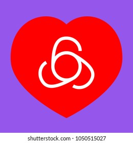 666 sign. Vector. White icon in red heart at lavender background.