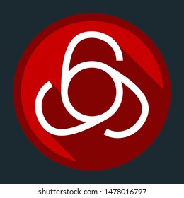 666 sign. White icon with shadow on round red button at dark cyan background. Illustration.