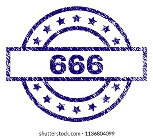666 stamp seal watermark with distress texture. Designed with rectangle, circles and stars. Blue vector rubber print of 666 text with dust texture.