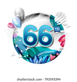 66th anniversary background with balloon and confetti on white. 3D paper style illustration. Poster or brochure template. Vector illustration.