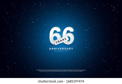 66th anniversary background with illustrations of white numbers and light effects on a blue background.