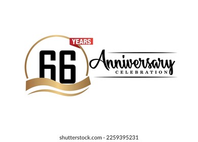 66th anniversary celebration logo vector design with gold black and red color on white background cute black color font   
