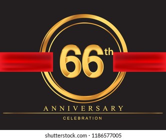 66th anniversary design logotype golden color with ring and red ribbon for anniversary celebration, elegant design.