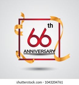 66th anniversary design with red color in square and golden ribbon isolated on white background for celebration