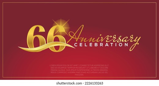  66th anniversary logo with confetti golden colored text isolated on red background, vector design for greeting card and invitation card