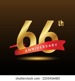 66th anniversary logo design with golden numbers and red ribbon. Logo Vector Template