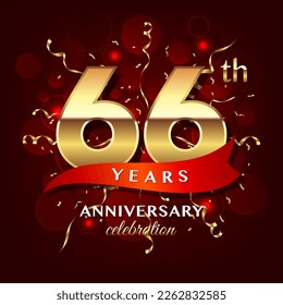 66th Anniversary logo design with golden numbers and red ribbon for anniversary celebration event, invitation, wedding, greeting card, banner, poster, flyer, brochure, book cover. Logo Vector Template