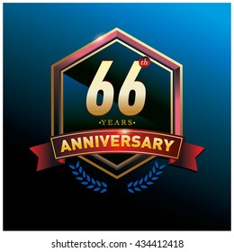 66th anniversary logo with gold ring and red ribbon. Anniversary signs illustration. Gold anniversary logo design and illustration
