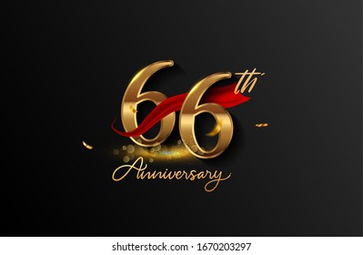 66th anniversary logo with red ribbon and golden confetti isolated on elegant background, sparkle, vector design for greeting card and invitation card.