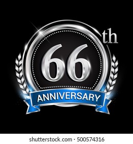 66th anniversary logo with silver ring combination blue ribbon. Vector template for birthday celebration, party, wedding, invitation and greeting card