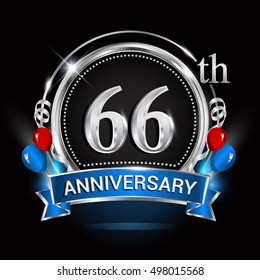 66th anniversary logo with silver ring,balloons and blue ribbon. Vector design template elements for your birthday celebration.