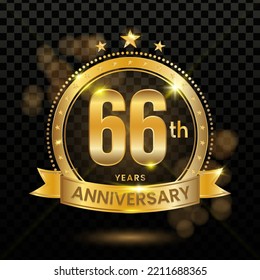 66th Anniversary Logotype with Gold Confetti Isolated on Black Background, Vector Design for Greeting Card and Invitation Card