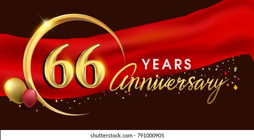 66th anniversary logotype with golden ring isolated on red ribbon elegant background, vector design for birthday celebration, greeting card and invitation card.