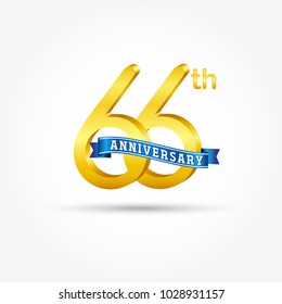 66th golden Anniversary logo with blue ribbon isolated on white background. 3d gold 66th Anniversary logo