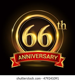 66th golden anniversary logo with ring and red ribbon. Vector design template elements for your birthday celebration.