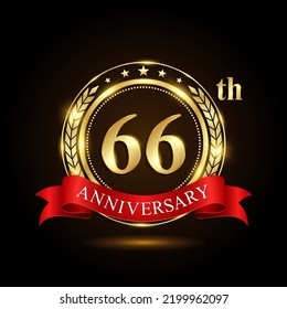 66th golden anniversary logo, with shiny ring and red ribbon, Laurel wrath isolated on black background, vector design