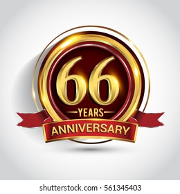 66th golden anniversary logo, sixty six years birthday celebration with ring and red ribbon isolated on white background