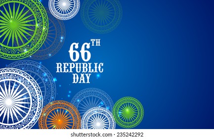 66th Indian Republic Day celebrations with floral decorated Ashoka Wheels in national flag colors on blue background.