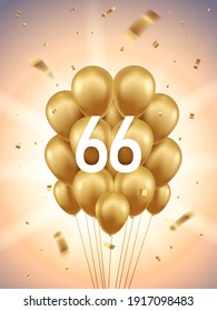 66th Year anniversary celebration background. Golden balloons and confetti with sunbeams in background.