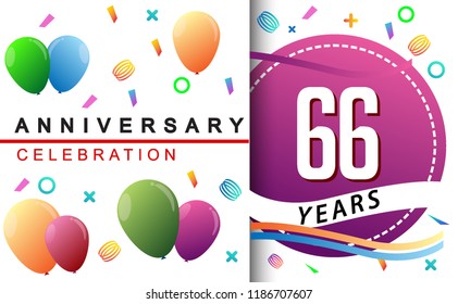 66th years anniversary celebration with colorful balloons and confetti, design for greeting card birthday celebration